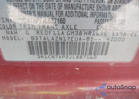 2018 Nissan Versa 1.6 S+ z USA, uszkodzony, nr VIN 3N1CN7AP2JL887160